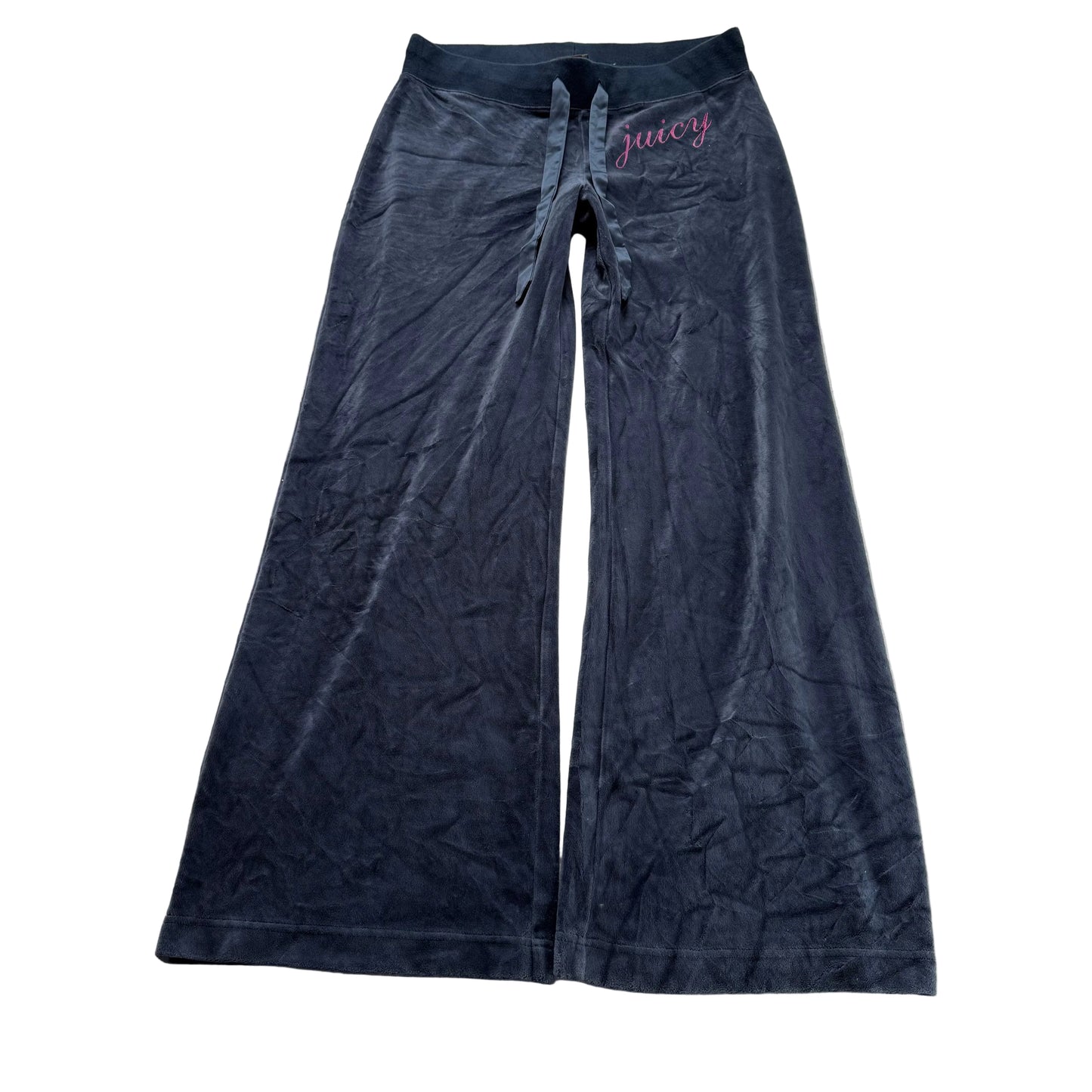 Vintage Juicy Couture Women Navy Velour Flared Track Pant Drawstring Logo Size L