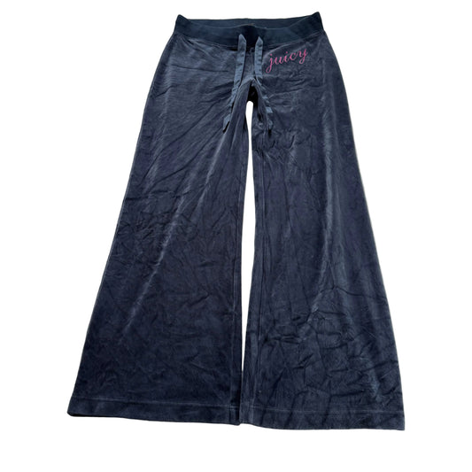 Vintage Juicy Couture Women Navy Velour Flared Track Pant Drawstring Logo Size L