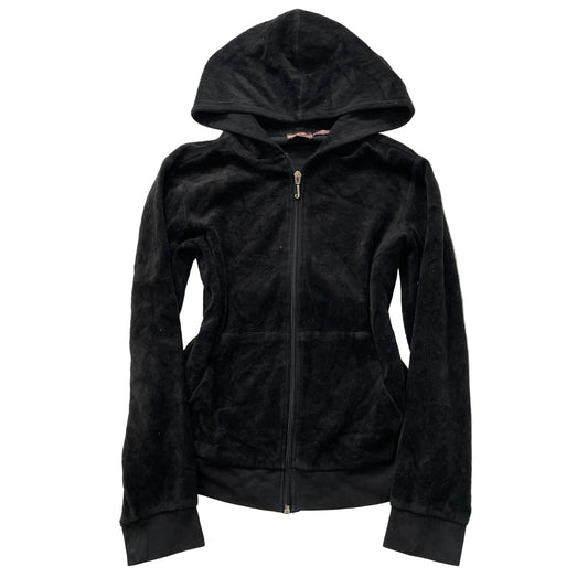 Vintage Juicy Couture Women Black Velour Zip-Up Hoodie Long Sleeve Pocket Size S