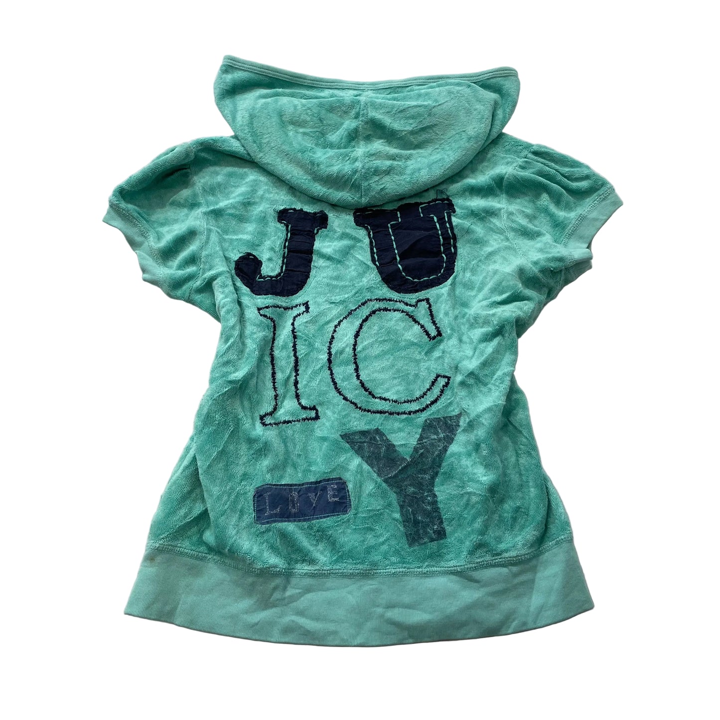 Vintage Juicy Couture Womens Teal Terry Cloth Hoodie Short Sleeve Graphic Size L