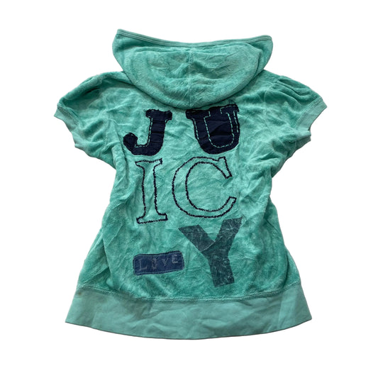 Vintage Juicy Couture Womens Teal Terry Cloth Hoodie Short Sleeve Graphic Size L