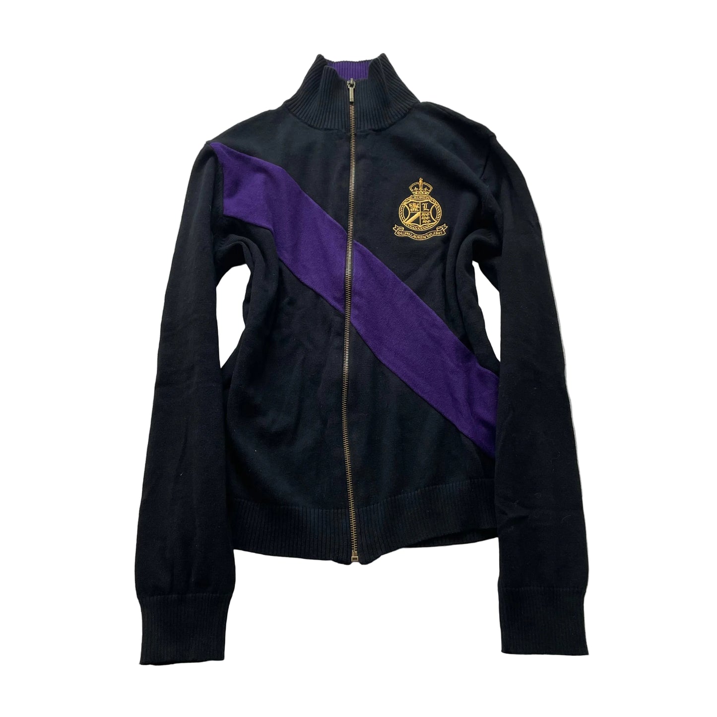 Lauren Ralph Lauren Women's Black Purple Full Zip Jacket Gold Crest Logo Size M