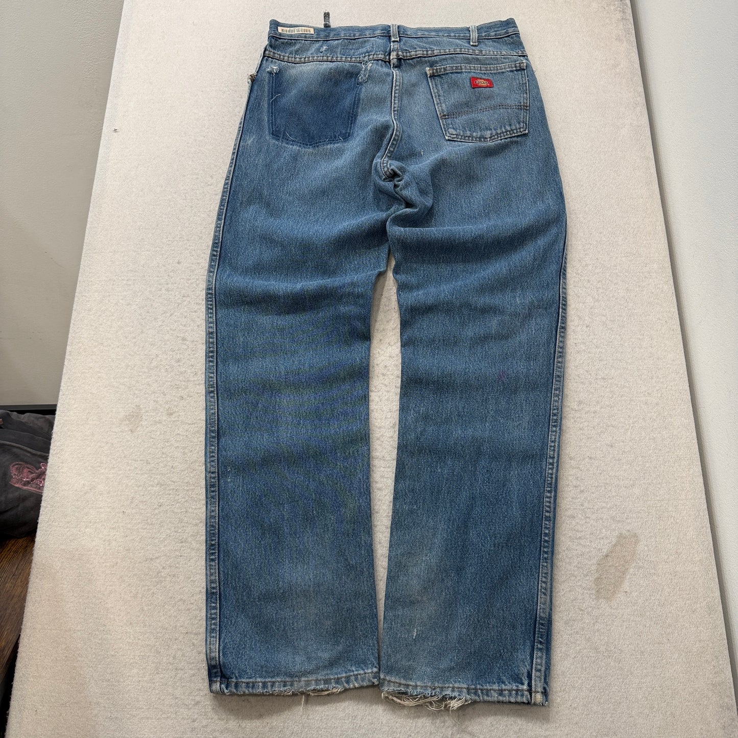 Dickies Men's Blue Straight Leg Denim Jeans Faded Distressed Workwear Size W35