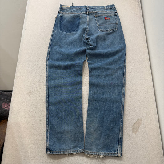 Dickies Men's Blue Straight Leg Denim Jeans Faded Distressed Workwear Size W35