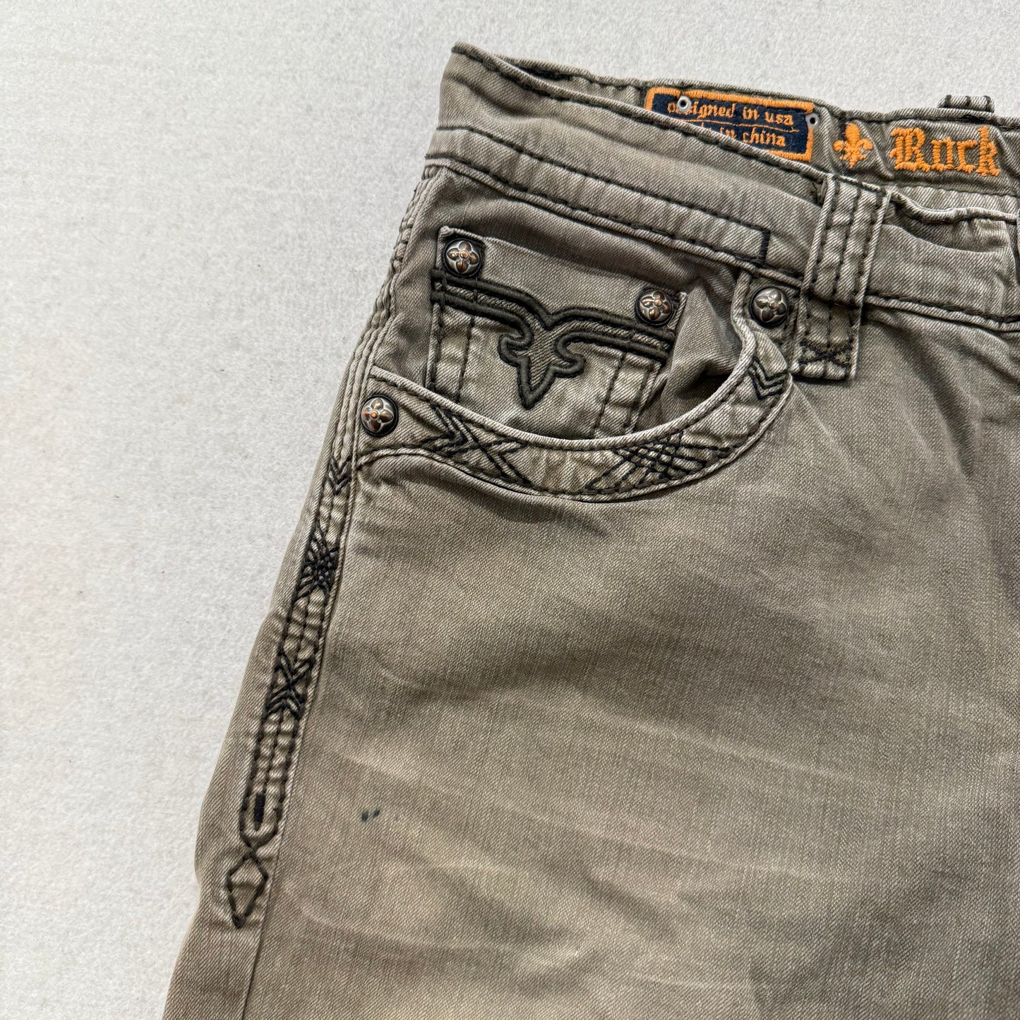 Rock Revival Men Taupe Denim Straight Jeans Inverted Fleur-de-Lis Pocket Size 36