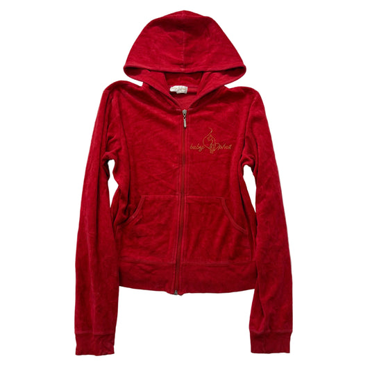 Baby Phat Women's Red Velour Zip Up Hoodie Rhinestones Logo Loungewear Size XL