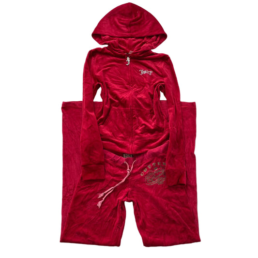 Juicy Couture Women Red Velour Tracksuit Set Zip-Up Hoodie & Flare Pant Size S/M