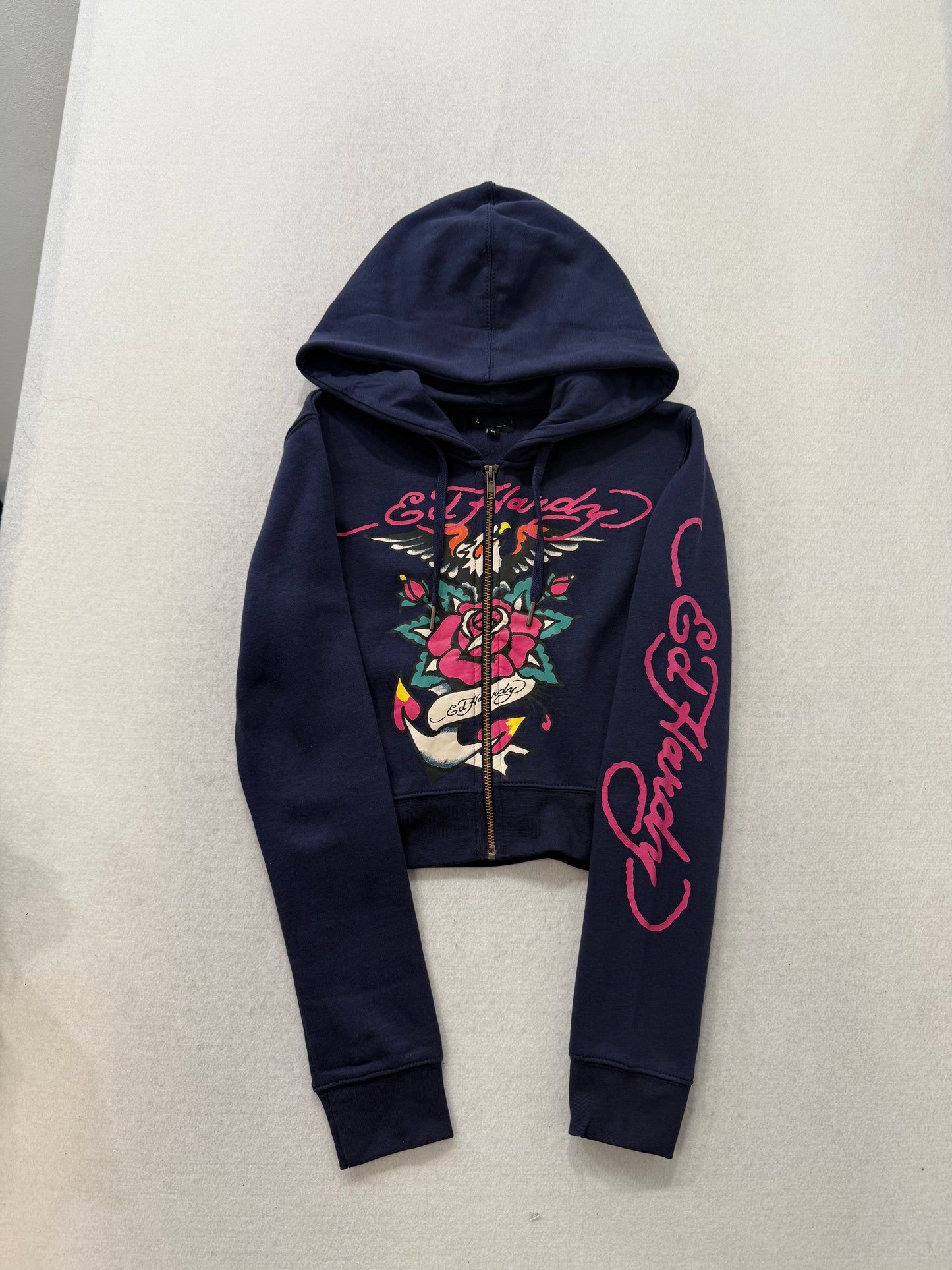 ED HARDY “Eagle Rose” NAVY CROPPED ZIP UP HOODIE