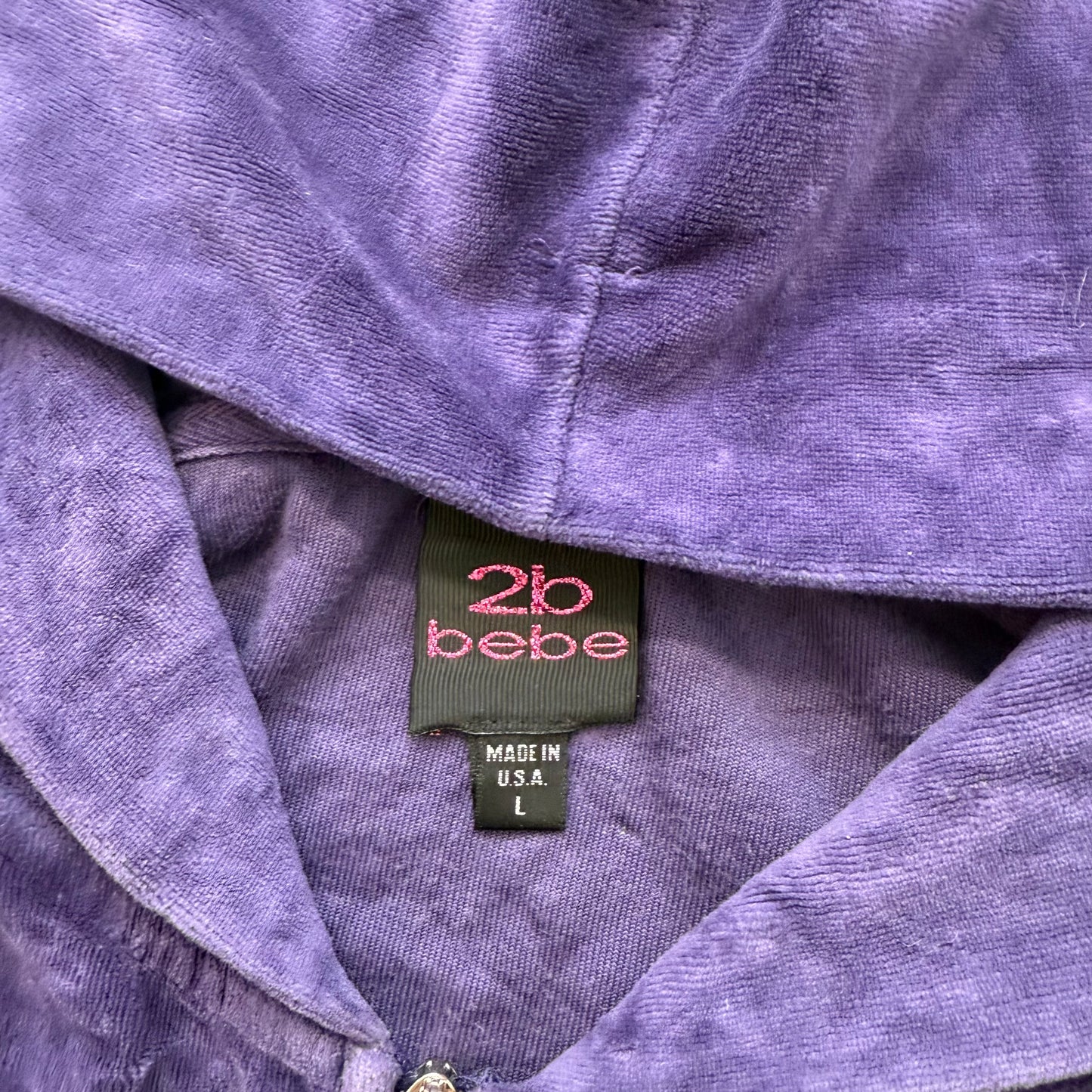 Bebe Women's Deep Purple Velour Zip-Up Hoodie Rhinestone Logo Made in USA Size L