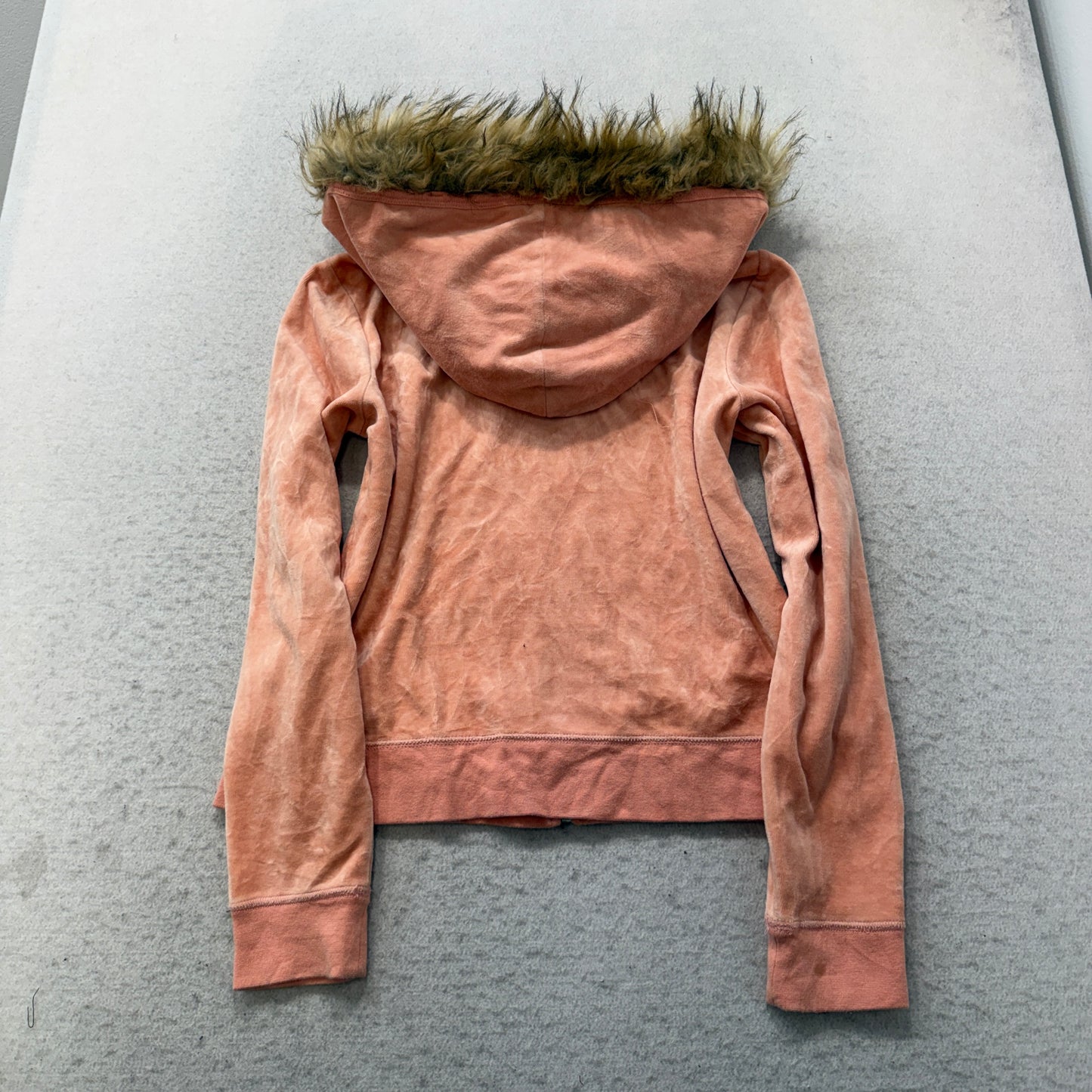Vintage Juicy Couture Women's Coral Pink Velour Zip-Up Faux Fur-Trimmed Hood - S
