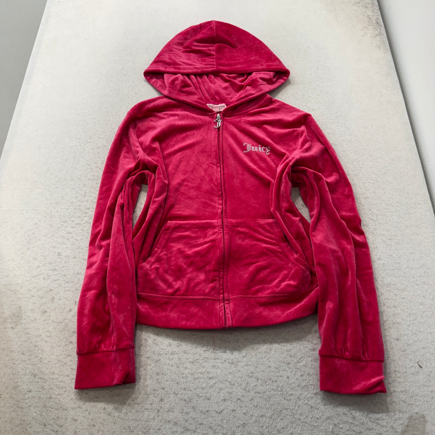 Juicy Couture Women's Red Velour Zip-Up Hoodie Pockets Rhinestone Logo Size XXL