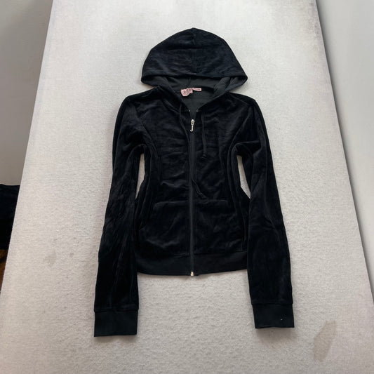 Juicy Couture Womens Black Velour Tracksuit Set Y2k Hoodie & Flared Pant Size XL