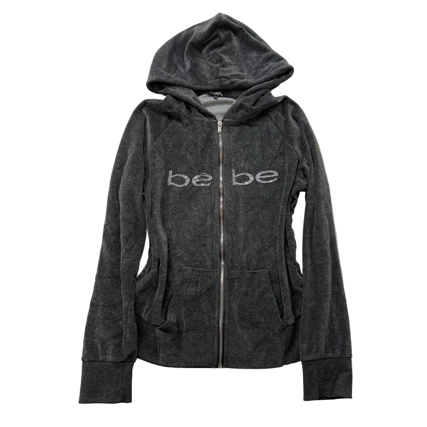 Bebe Sport Women's Gray Velour Zip-Up Hoodie Pockets Rhinestone Logo Y2k Size L