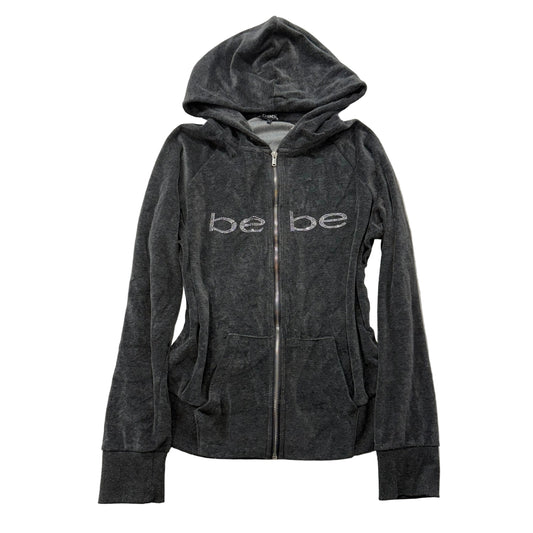 Bebe Sport Women's Gray Velour Zip-Up Hoodie Pockets Rhinestone Logo Y2k Size L