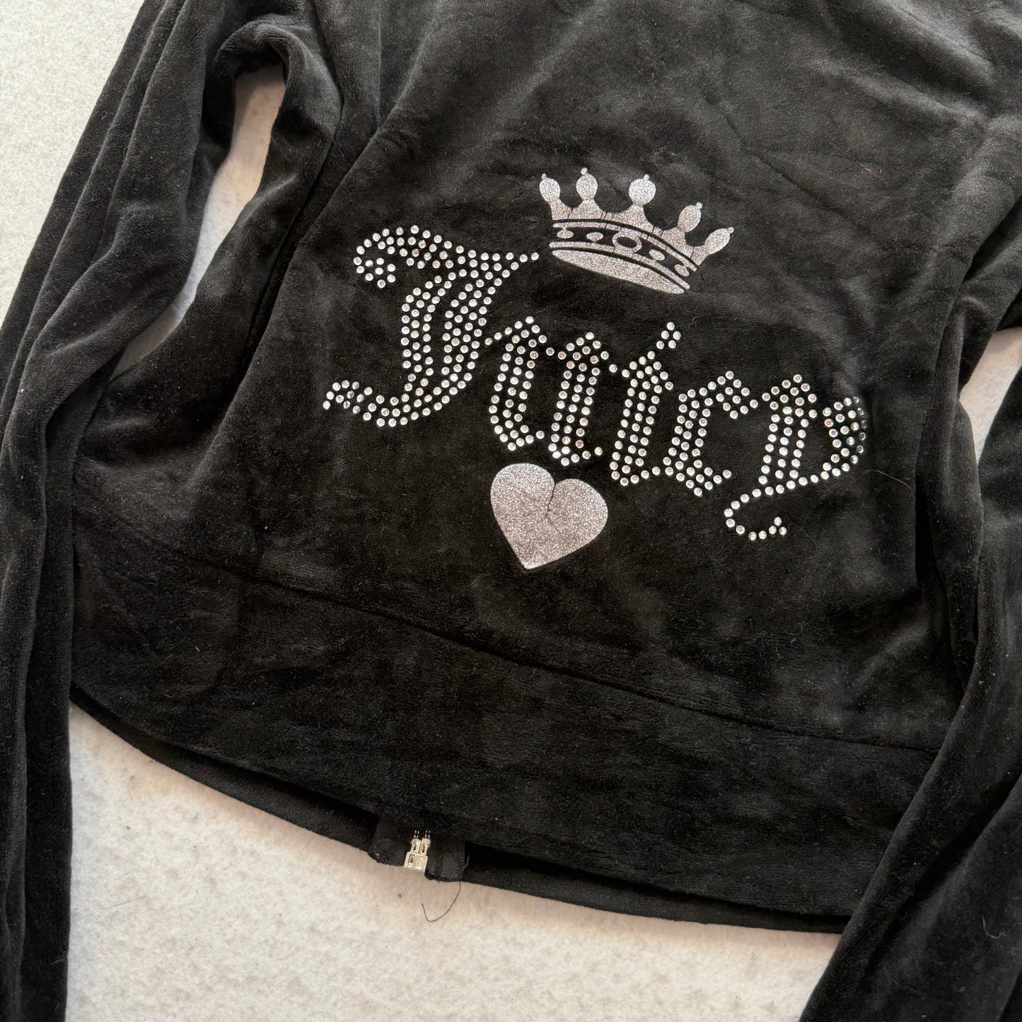 Juicy Couture Women's Black Velour Zip Up Cropped Hoodie Rhinestones Logo Size S