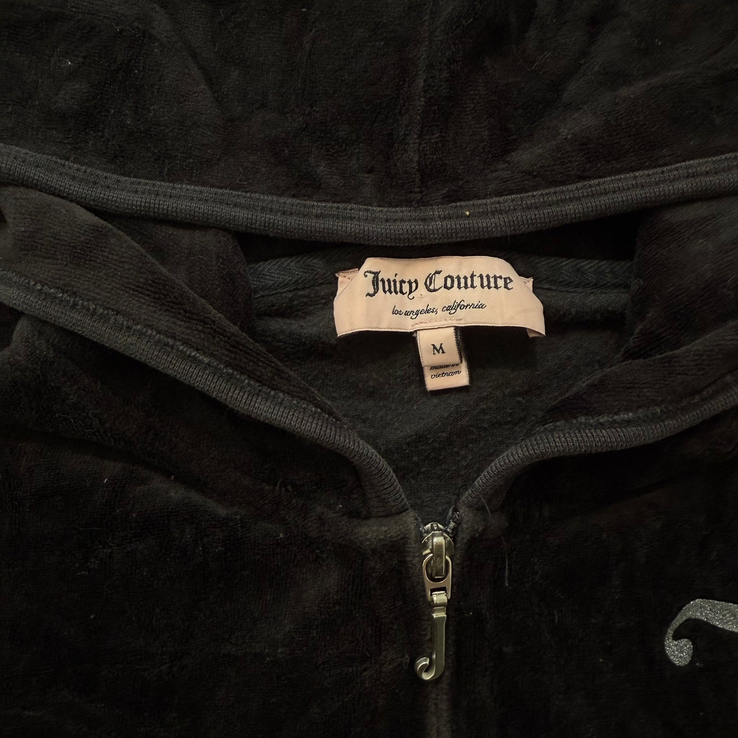 Juicy Couture Women's Black Velour Zip-Up Hoodie Glitter Juicy Logo Y2k Size M
