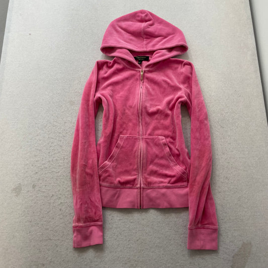 Juicy Couture Women's Pink Velour Full Zip Hoodie Rhinestone Studded Logo Size S