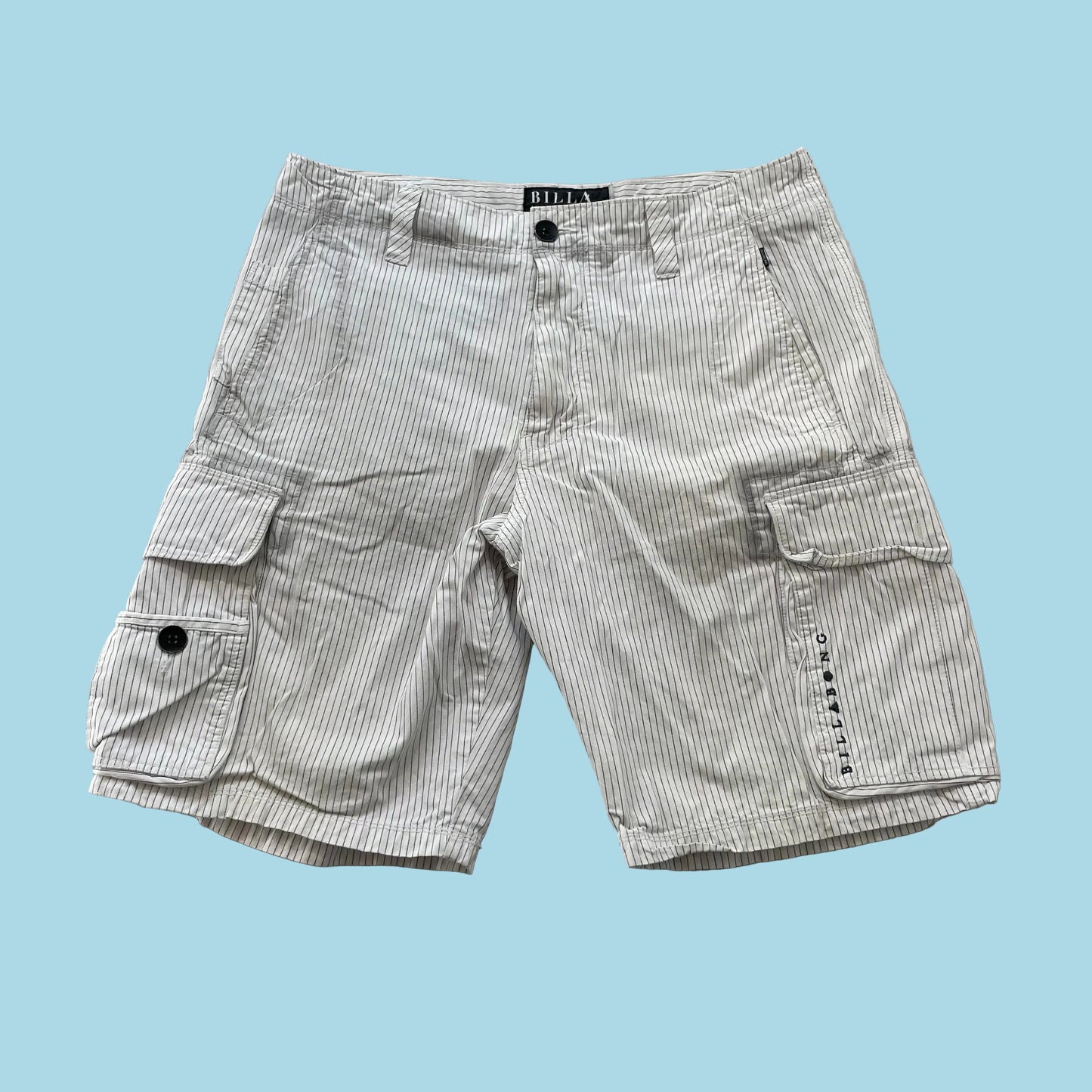 Billabong Men's Off White Pinstripe Cargo Shorts Embroidered Spellout Size 34