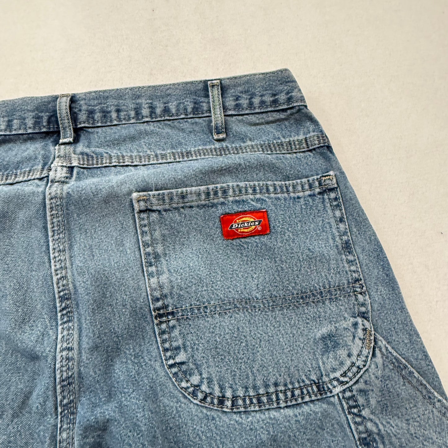 Dickies Men Blue Denim Distressed Carpenter Jeans Workwear Tool Pockets Waist 33