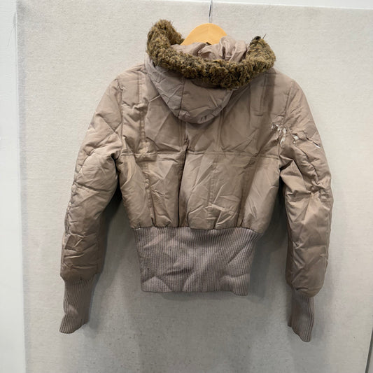 Mudd Women's Beige Zipper Bomber Jacket Ribbed Cuffs Hem Faux Fur Hooded Size S