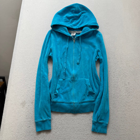 PINK Victoria's Secret Women Bright Cyan Velour Zip Up Hoodie Preppy Logo Size S