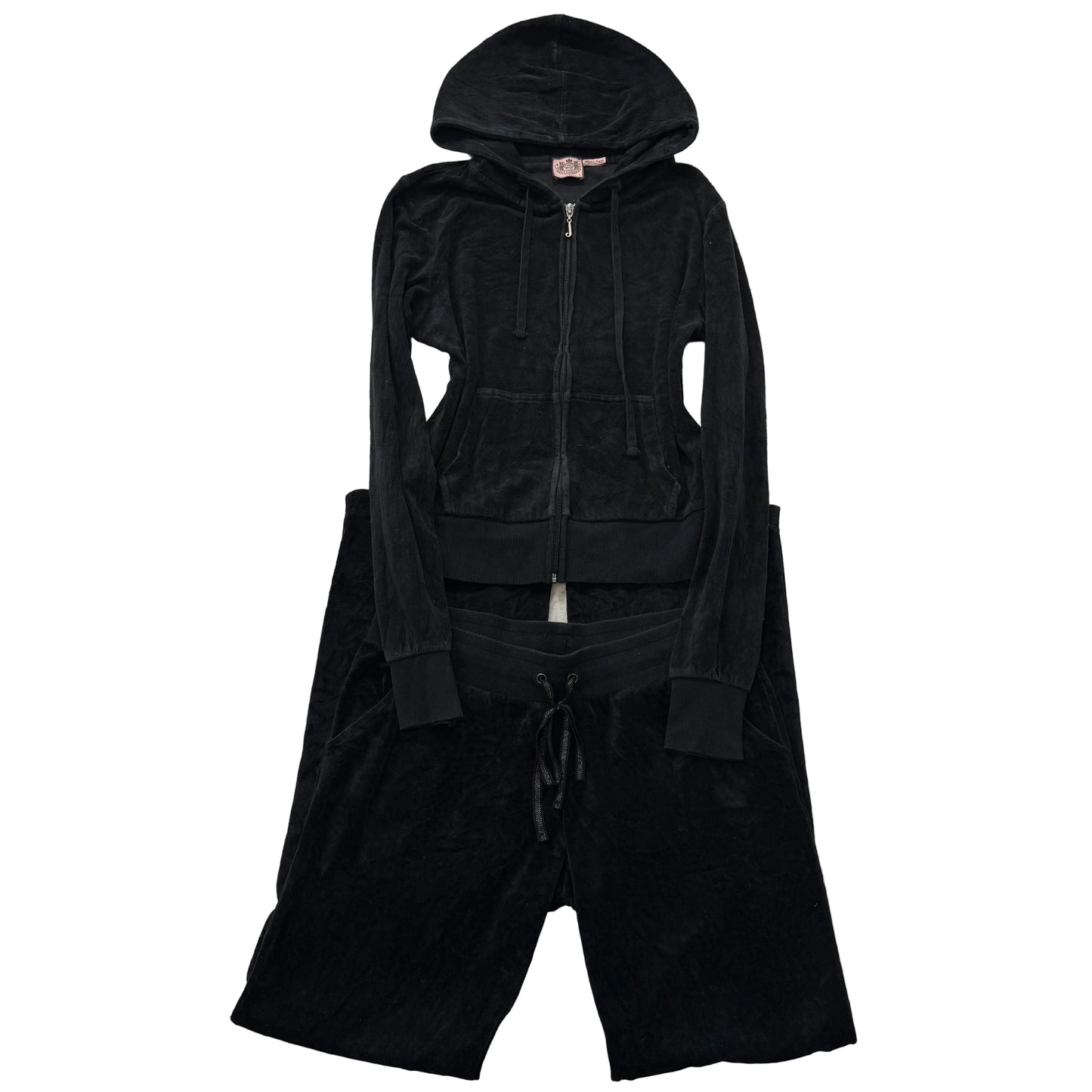 Juicy Couture Black Velour Tracksuit Set Zip Up Hoodie & Flared Pants Y2K Size L