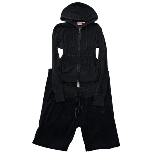 Juicy Couture Black Velour Tracksuit Set Zip Up Hoodie & Flared Pants Y2K Size L
