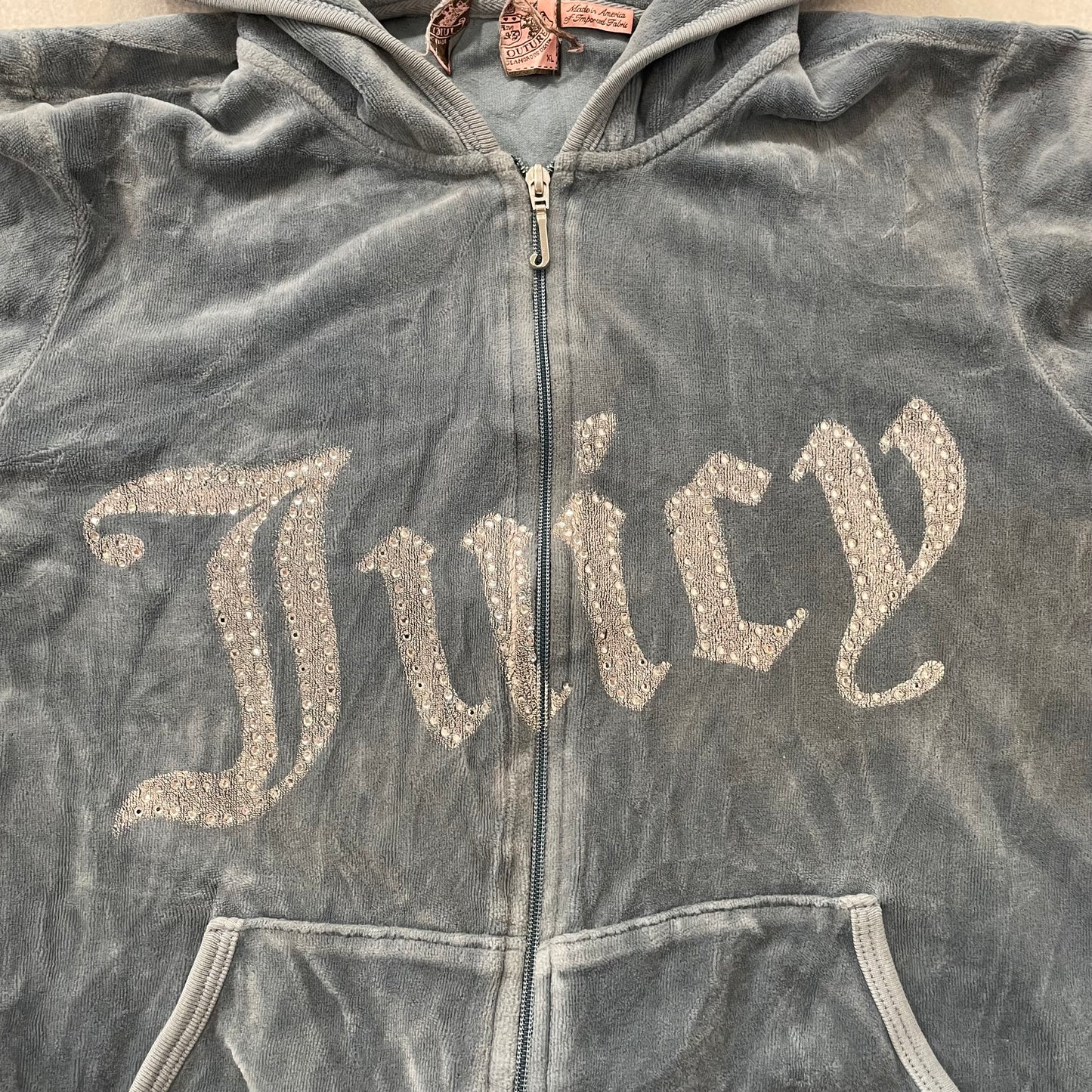 Juicy Couture Women's Slate Gray Velour Full Zip Hoodie Rhinestones Logo Size XL