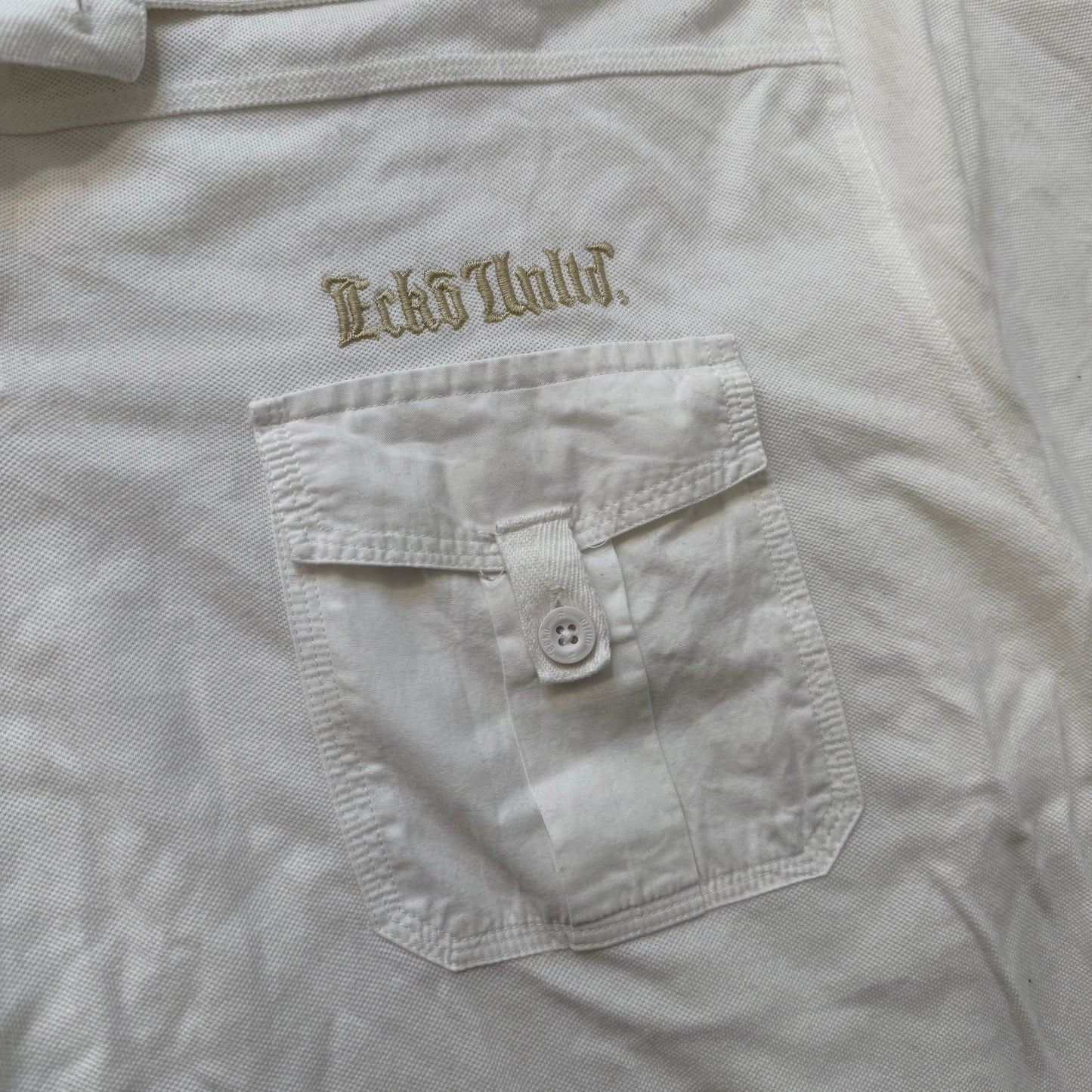 Ecko Unltd White Polo Shirt Skull Back Graphic Chest Pockets Embroidered Size XXL
