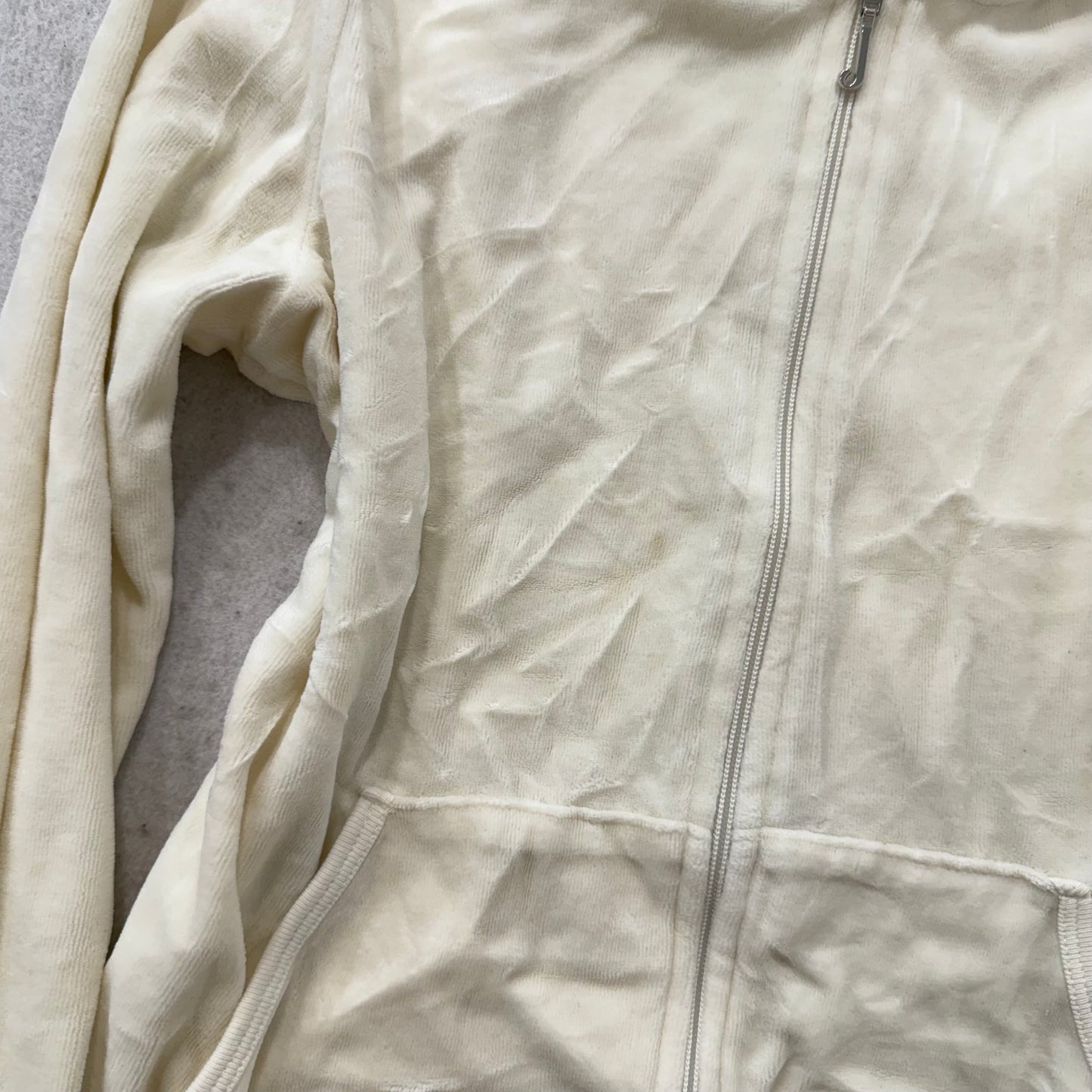 Juicy Couture Women's Ivory Velour Full Zip Hoodie Split Kangaroo Pockets Size M