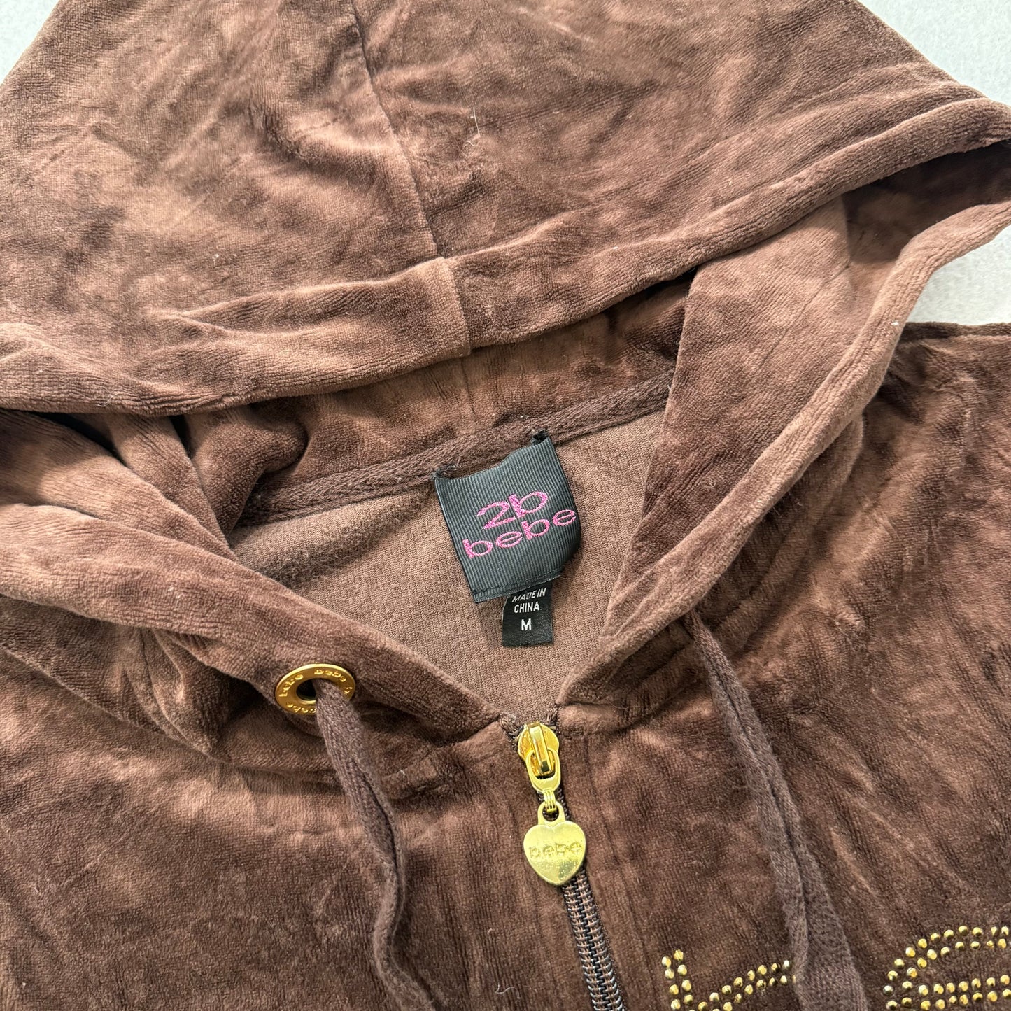 Bebe Women's Chocolate Brown Velour Zip Up Hoodie Sequins Logo Loungewear Size M