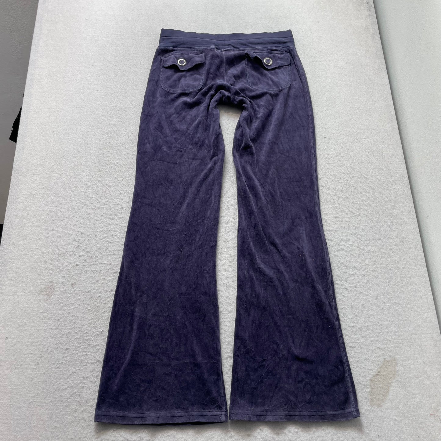 Vintage Juicy Couture Women's Navy Velour Flared Track Pants Snap Pockets Size S
