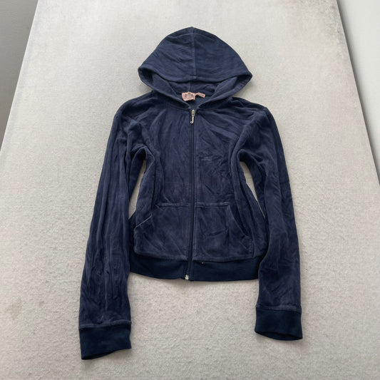 Vintage Juicy Couture Women Navy Velour Tracksuit Set Hoodie & Track Pant Size L