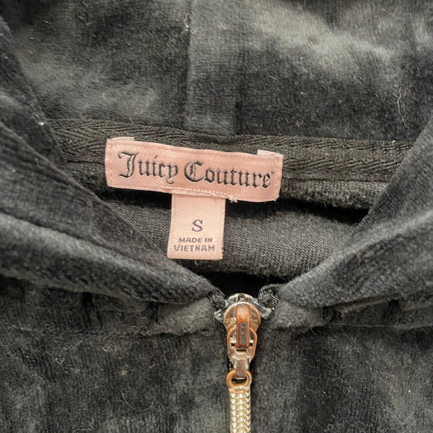 Juicy Couture Womens Black Velour Zip-Up Hoodie Striped Cuffs and Hem Y2k Size S