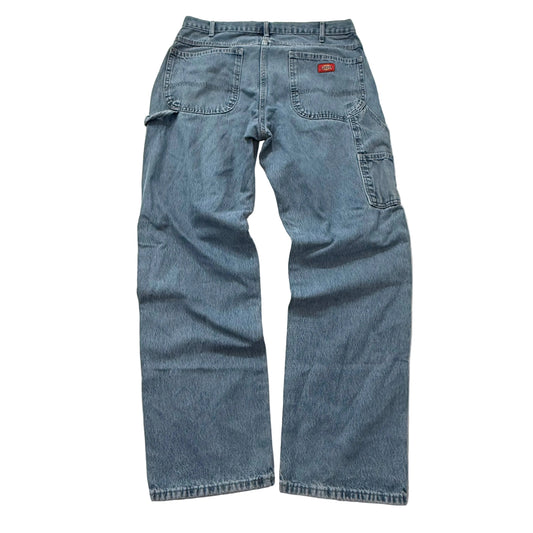 Dickies Men Blue Denim Distressed Carpenter Jeans Workwear Tool Pockets Waist 33