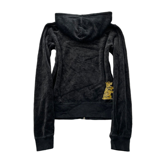 Vintage Juicy Couture Women's Black Velour Zip-Up Hoodie Scottie Dog Logo Size S