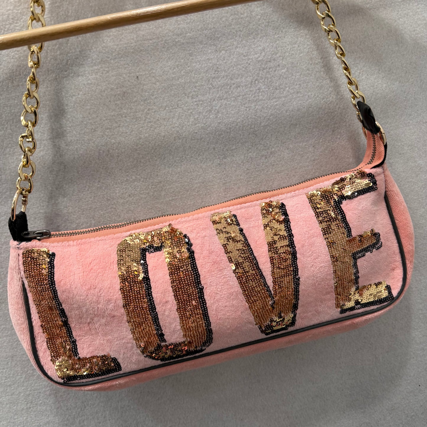 PINK Victoria's Secret Pink Velour Gold Sequin Logo Casual Shoulder Baguette Bag
