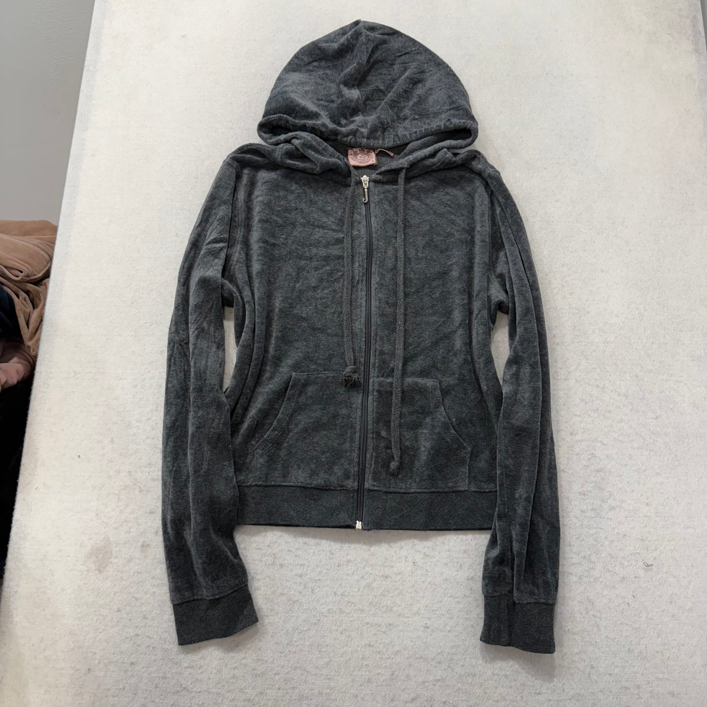 Juicy Couture Women Charcoal Grey Velour Tracksuit Set Hoodie & Pant Y2k Size XL