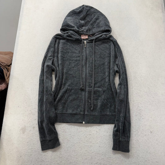Juicy Couture Women Charcoal Grey Velour Tracksuit Set Hoodie & Pant Y2k Size XL