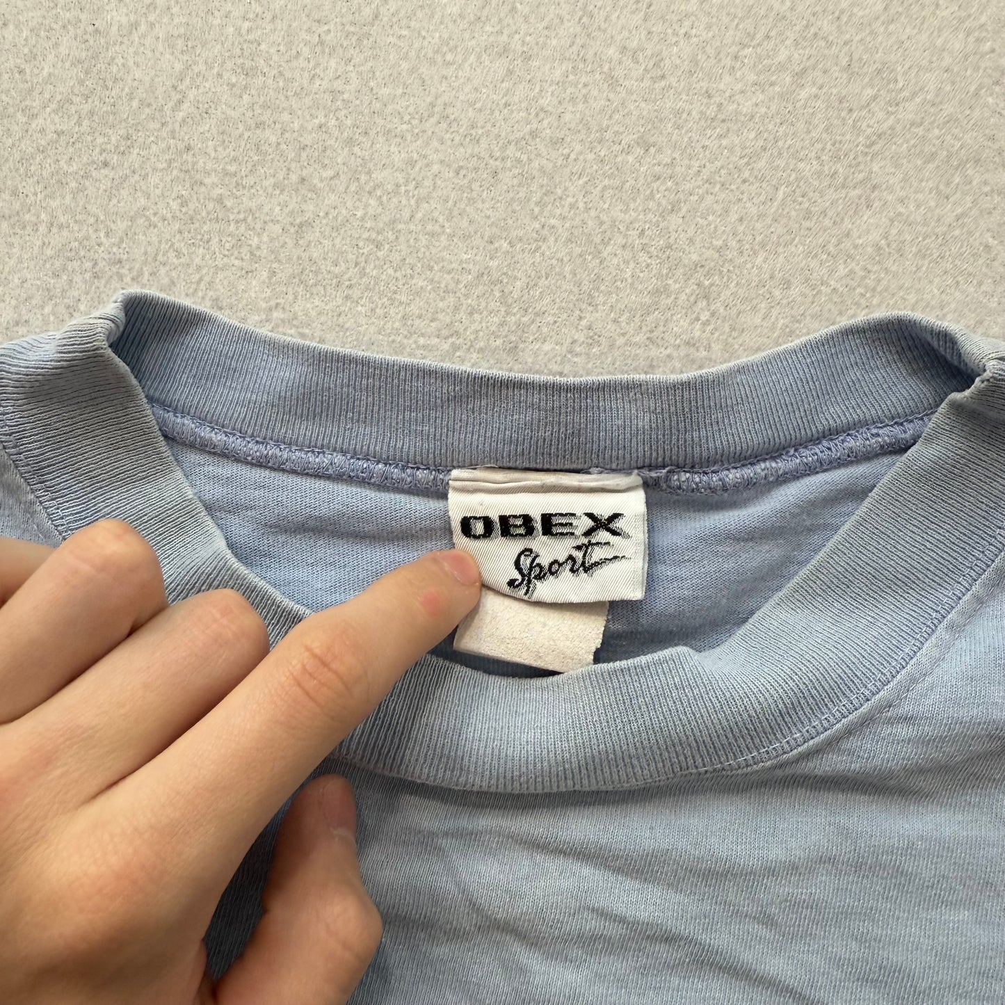 Vintage OBEX Sport Women's Faded Blue Graphic Crop Top T-Shirt Boxy Fit Size XL