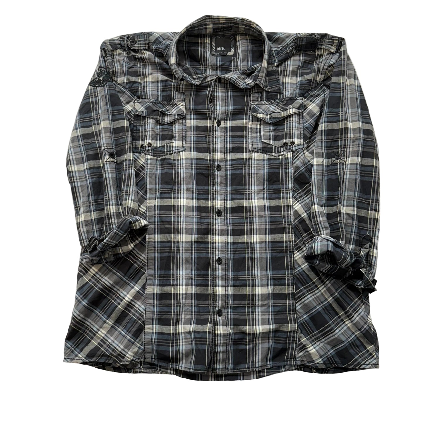 BKE Men's Black Plaid Slim Fit Stretch Shirt Western Pocket Button Up Size XXL