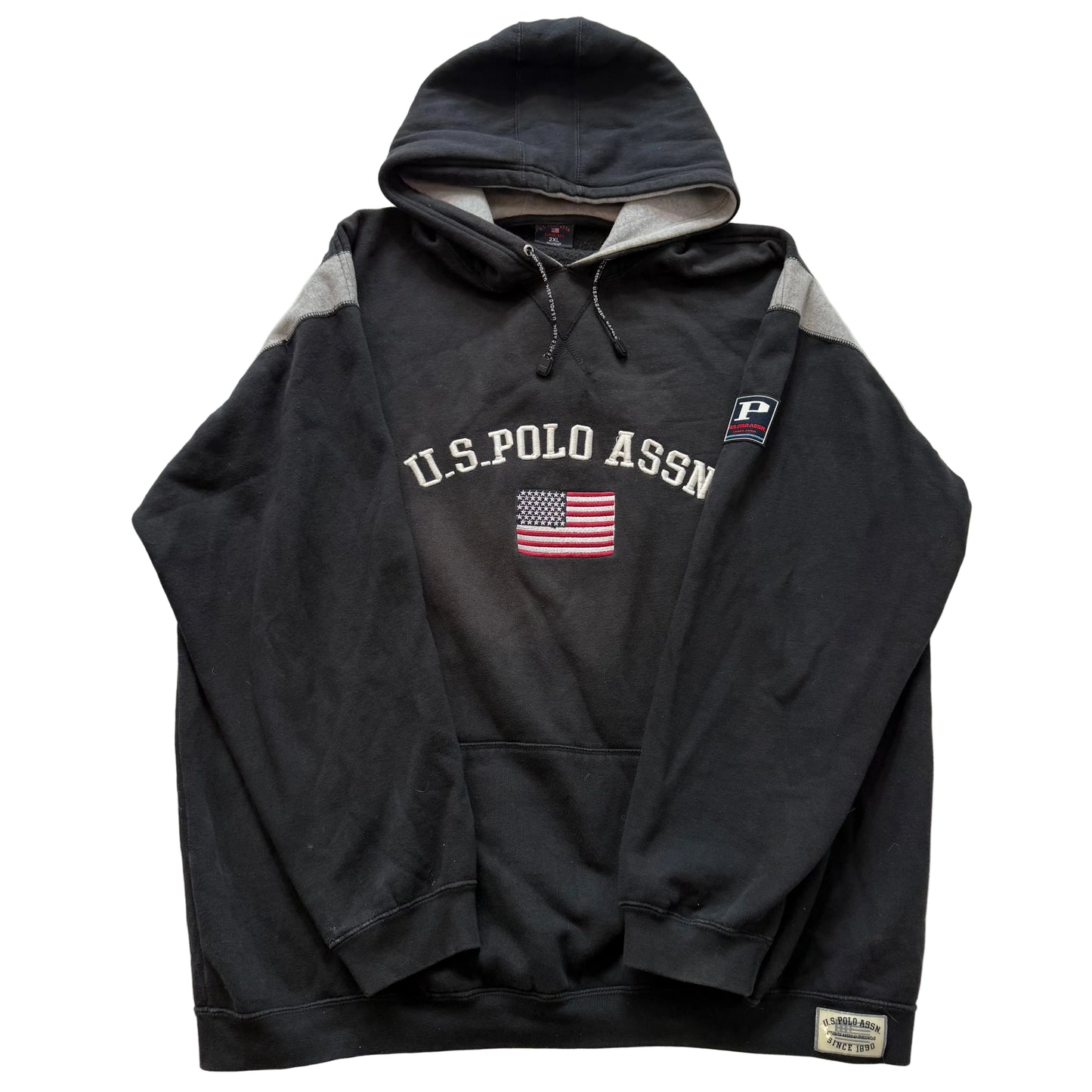 U.S. Polo Assn Men's Faded Black Cotton Pullover Hoodie Kangaroo Pocket Size 2XL