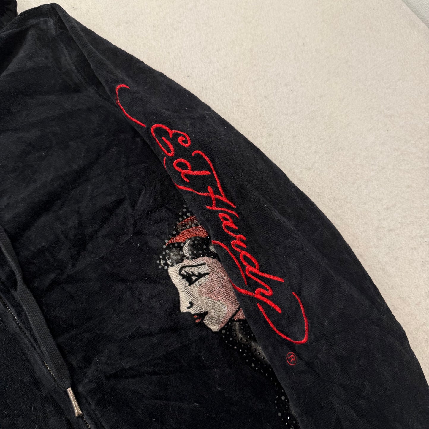 Ed Hardy Roses Gypsy Women's Black Velour Zip-Up Hoodie Tattoo Print Logo Size L