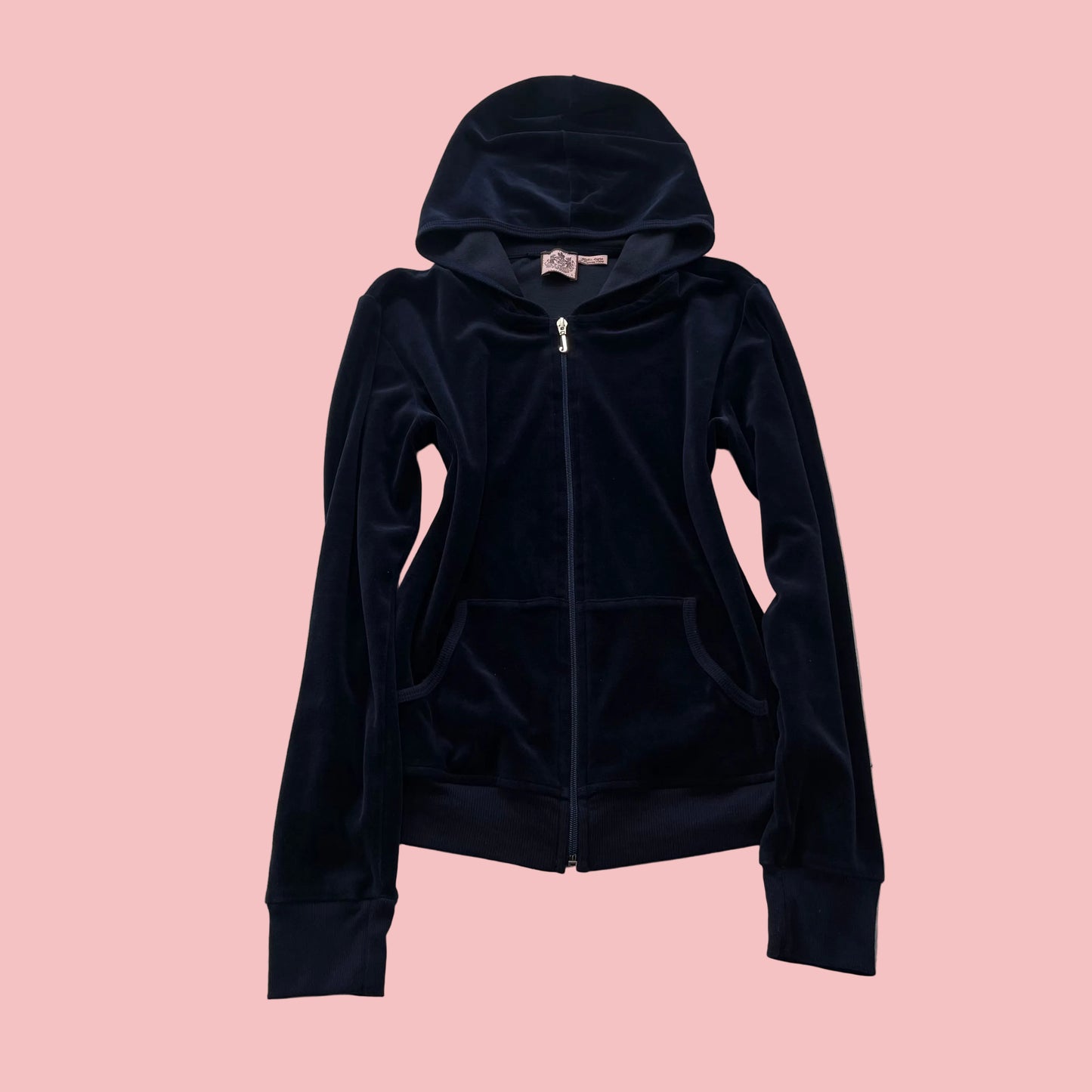 Juicy Couture Women's Black Velour Zip-Up Hoodie Y2K Sports Long Sleeve Size L