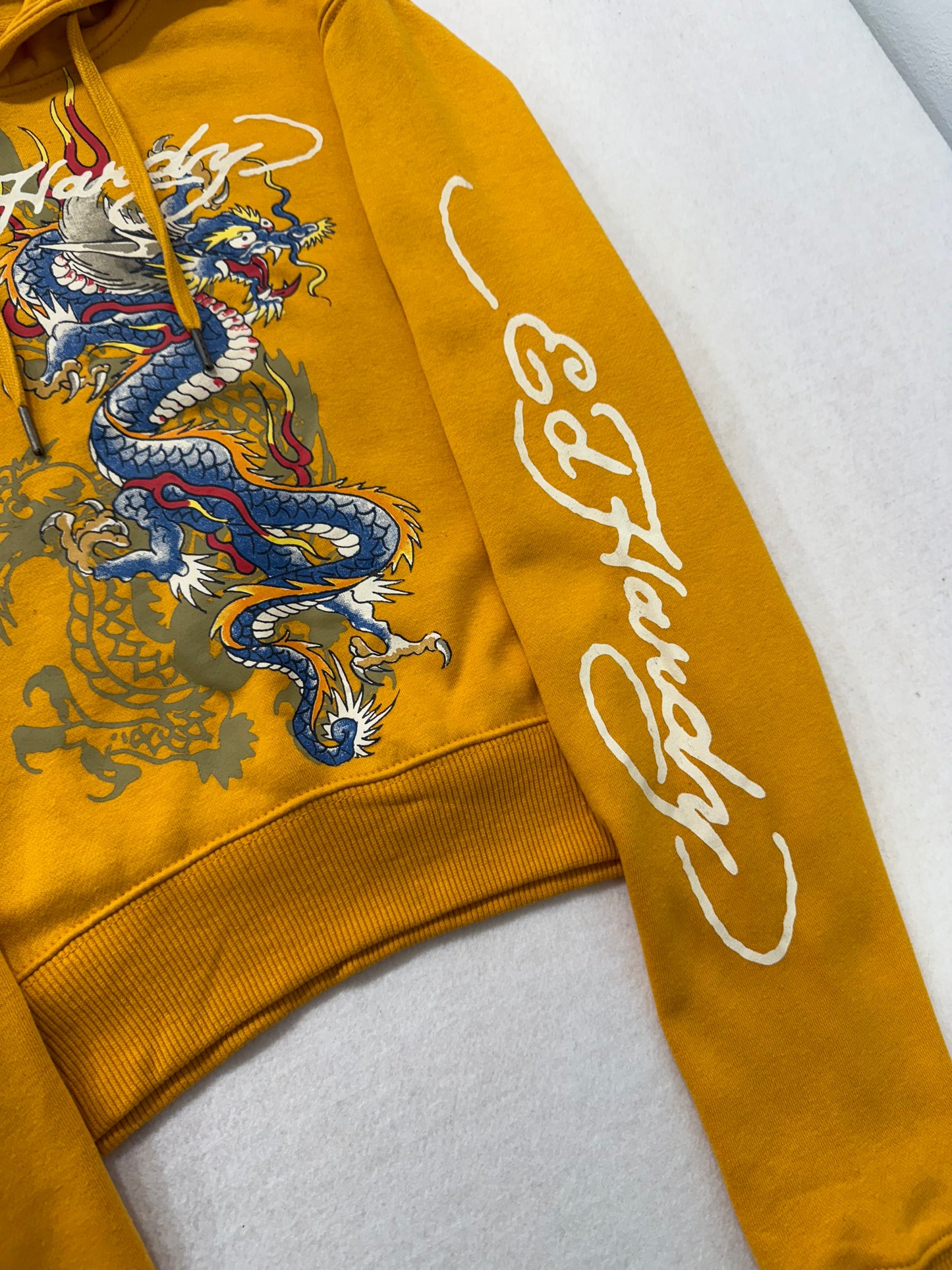 ED HARDY “Dragon” GOLDEN YELLOW CROPPED PULLOVER HOODIE - Clean Curriculums 