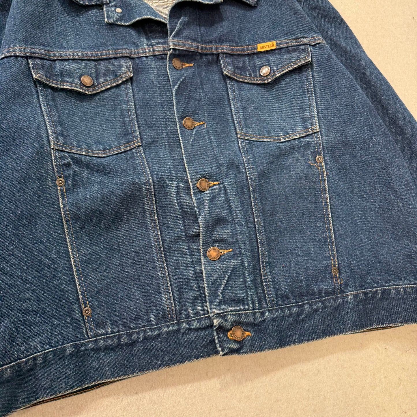 Vintage Rustler Men's Blue Dark Wash Denim Trucker Jacket 100% Cotton Size XL