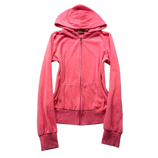 Juicy Couture Womens Vibrant Pink Velour Zip-Up Hoodie Loungewear Pockets Size M