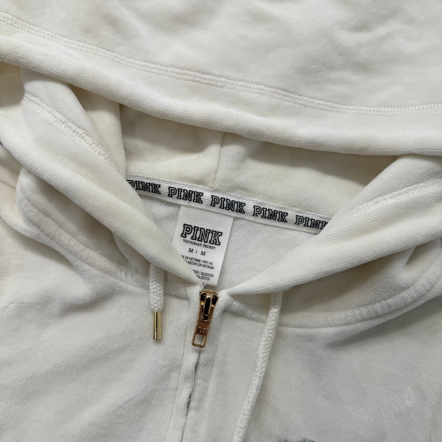 PINK Victoria's Secret Women's Ivory Full Zip Hoodie Sequins Graphic Size M