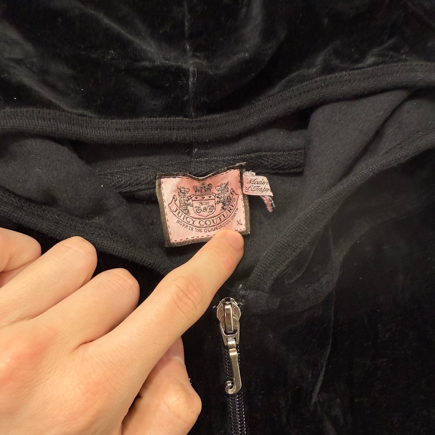 Juicy Couture Women's Jet Black Velour Zip Up Hoodie Graphic Logo Preppy Size XL