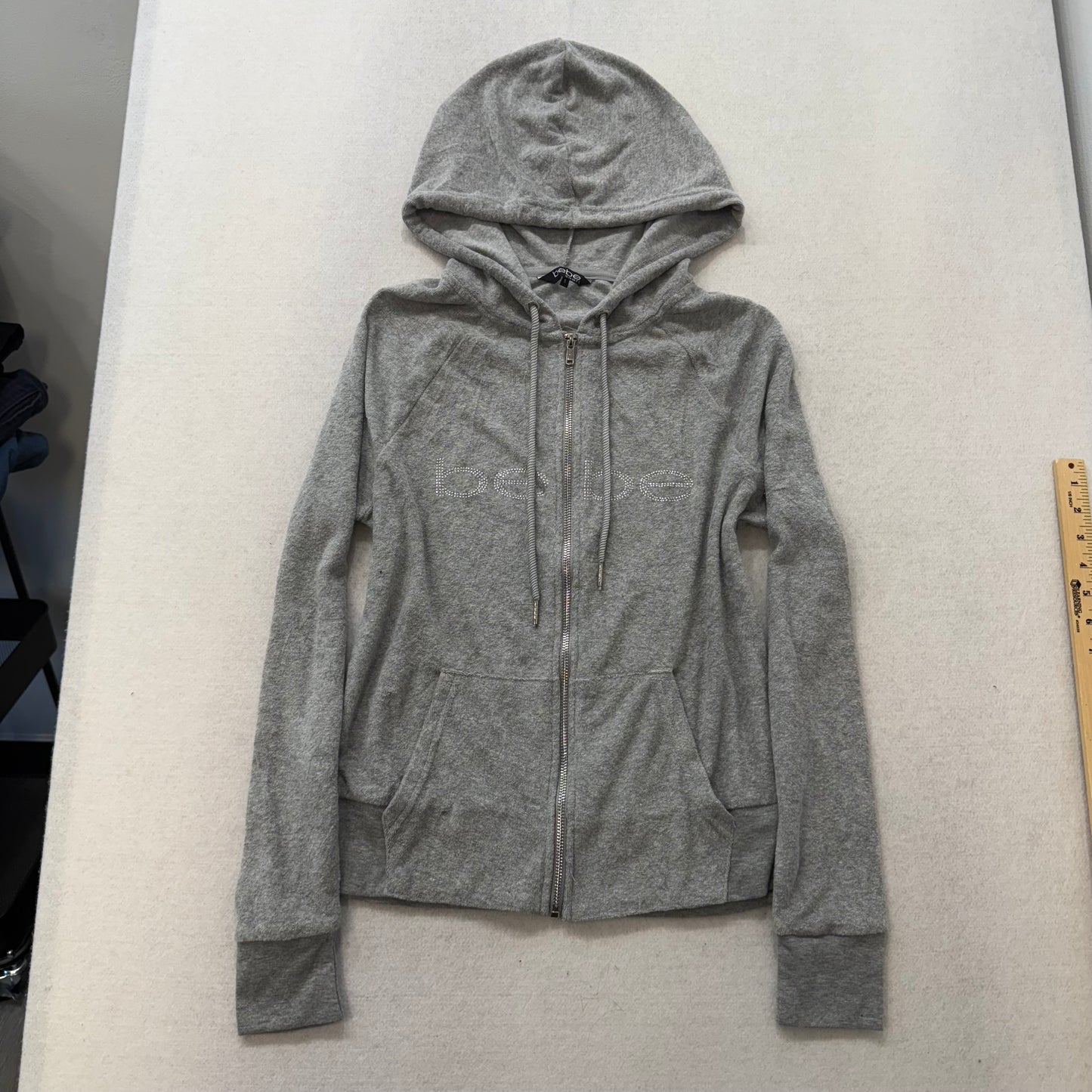 Bebe Gray Velour Full Zip Hoodie Jacket Rhinestone Front Design Size S